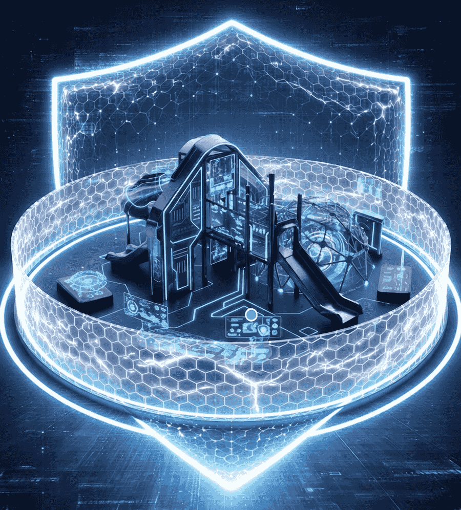 A glowing, fenced playground inside a protective shield - the Playground analogy for safe AI execution.
